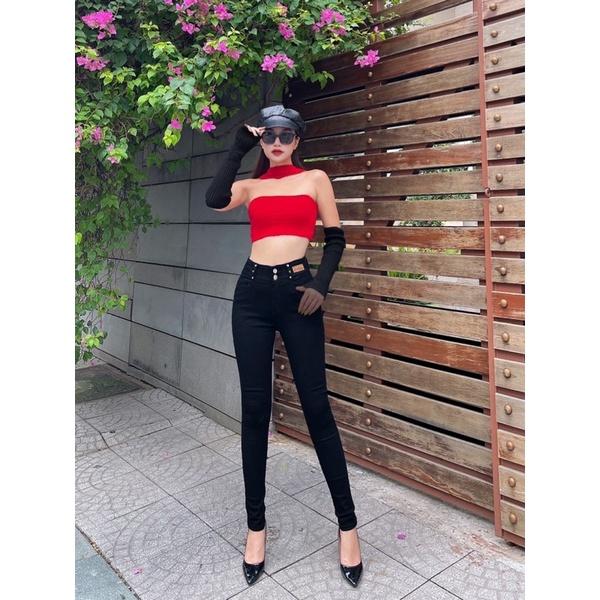 Quần Jeans Nữ Lưng Cao Phối Da Thời Trang