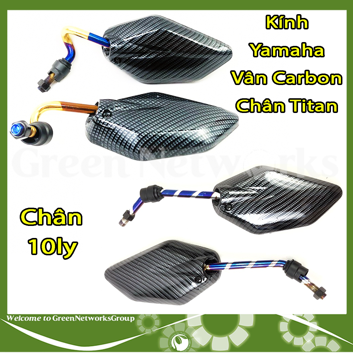 Kính chiếu hậu Yamaha vân carbon tay thẳng - tay cong Titan chân 10ly dành cho mọi dòng xe ( 1 cặp ) Green Networks Group