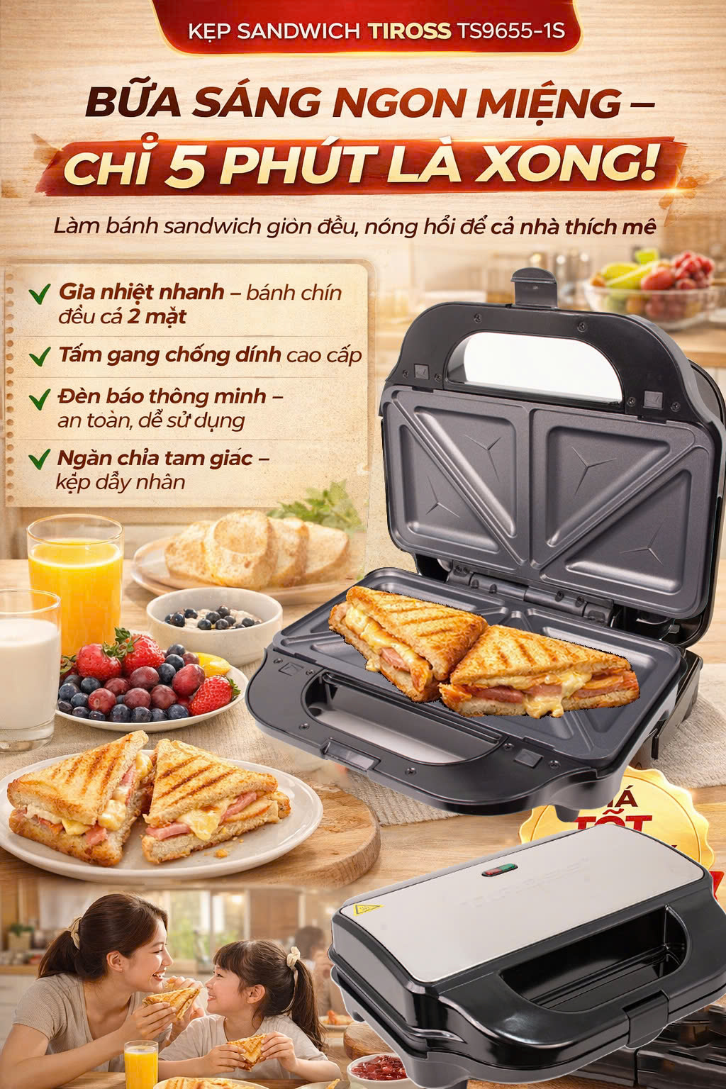 Kẹp nướng điện sandwich 900W Tiross TS9655-1S - Hàng chính hãng