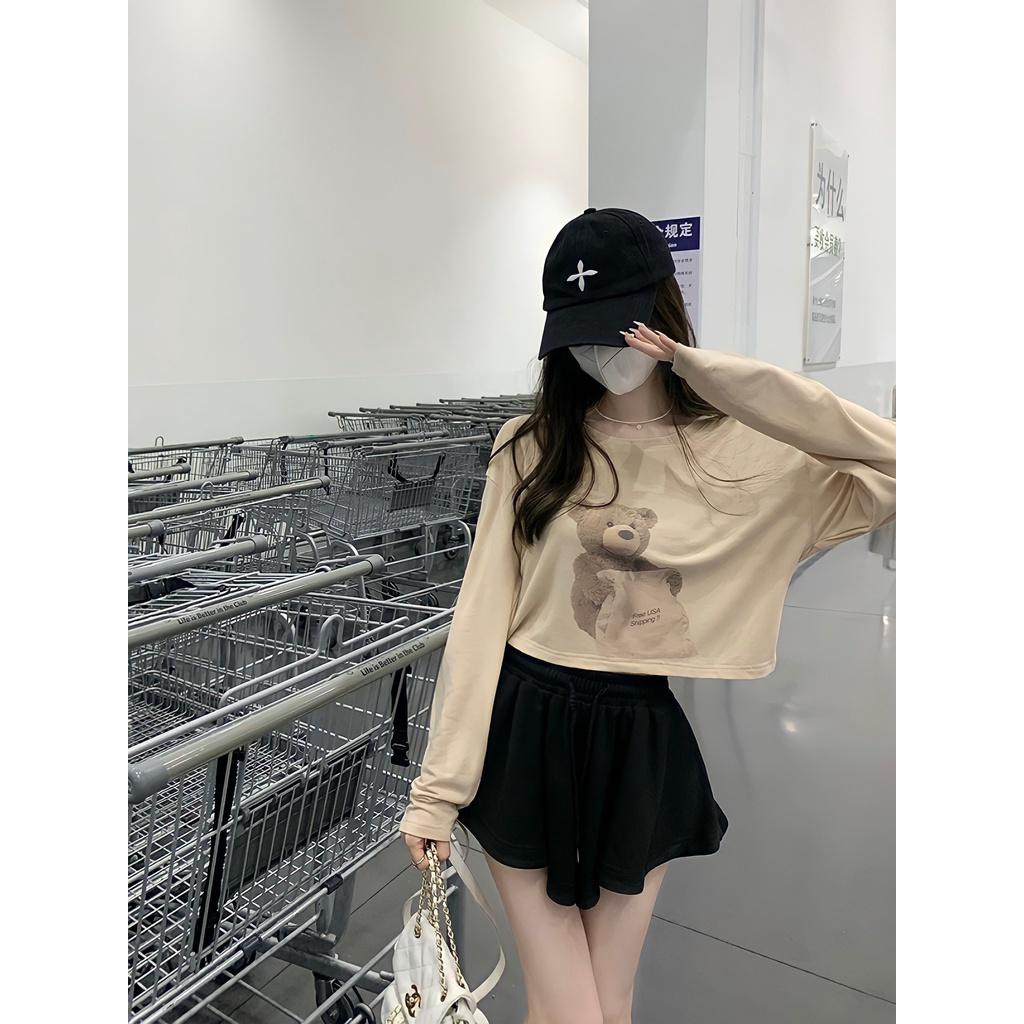 Set Bộ Áo Thun Dài Tay Hình Gấu Kèm Quần Váy Xòe 2 Lớp Dáng Thụng 2 Màu Siêu Xinh