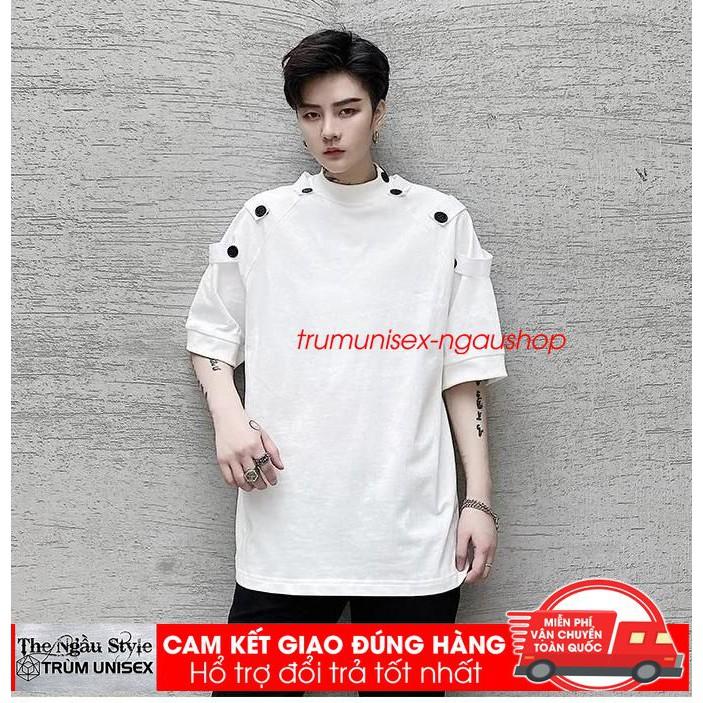 Áo thun Stee nam tay lỡ unisex form rộng overtee Nút áo trên vai màu trắng và đen chất vải cotton xịn Trumunisex