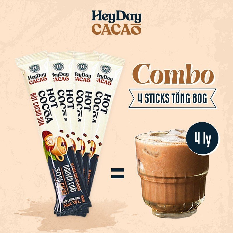 Bột Cacao Sữa Heyday - Đậm vị chân thật từ cacao nguyên chất - Combo 4 gói tiện lợi 20g