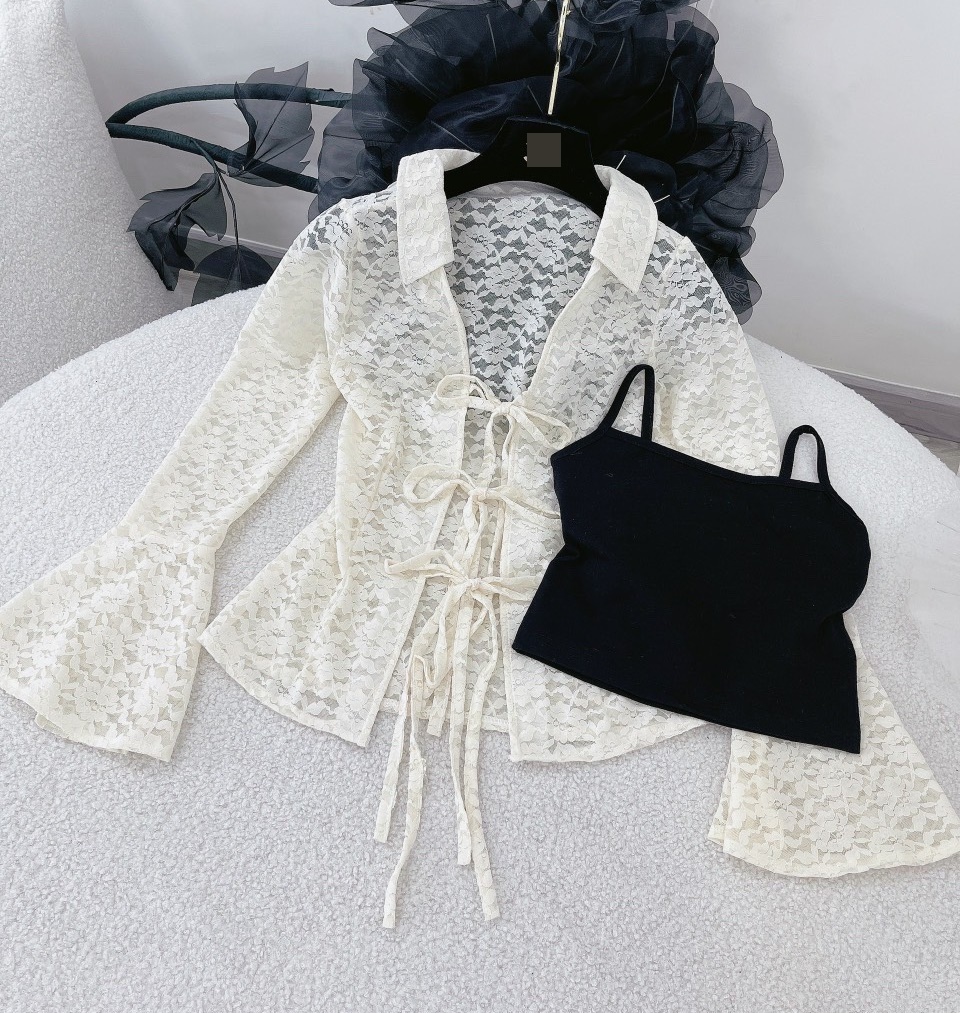 ÁO LƯỚI KIỂU CỔ SƠ MI BUỘC DÂY ÔM BODY TAY DÀI LOE + ÁO CROPTOP BRA THUN DÂY ĐEN CƠ BẢN ĐI TIỆC ĐI CHƠI DẠO PHỐ ĐI BIỂN