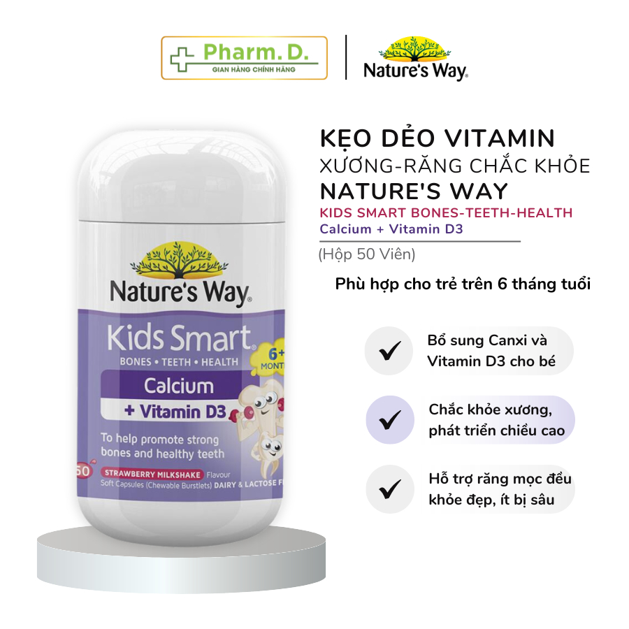 Kẹo Dẻo Vitamin NATURE'S WAY Kids Smart Bones Teeth Health Bổ Sung Canxi Và Vitamin D3 (Hộp 50 Viên)