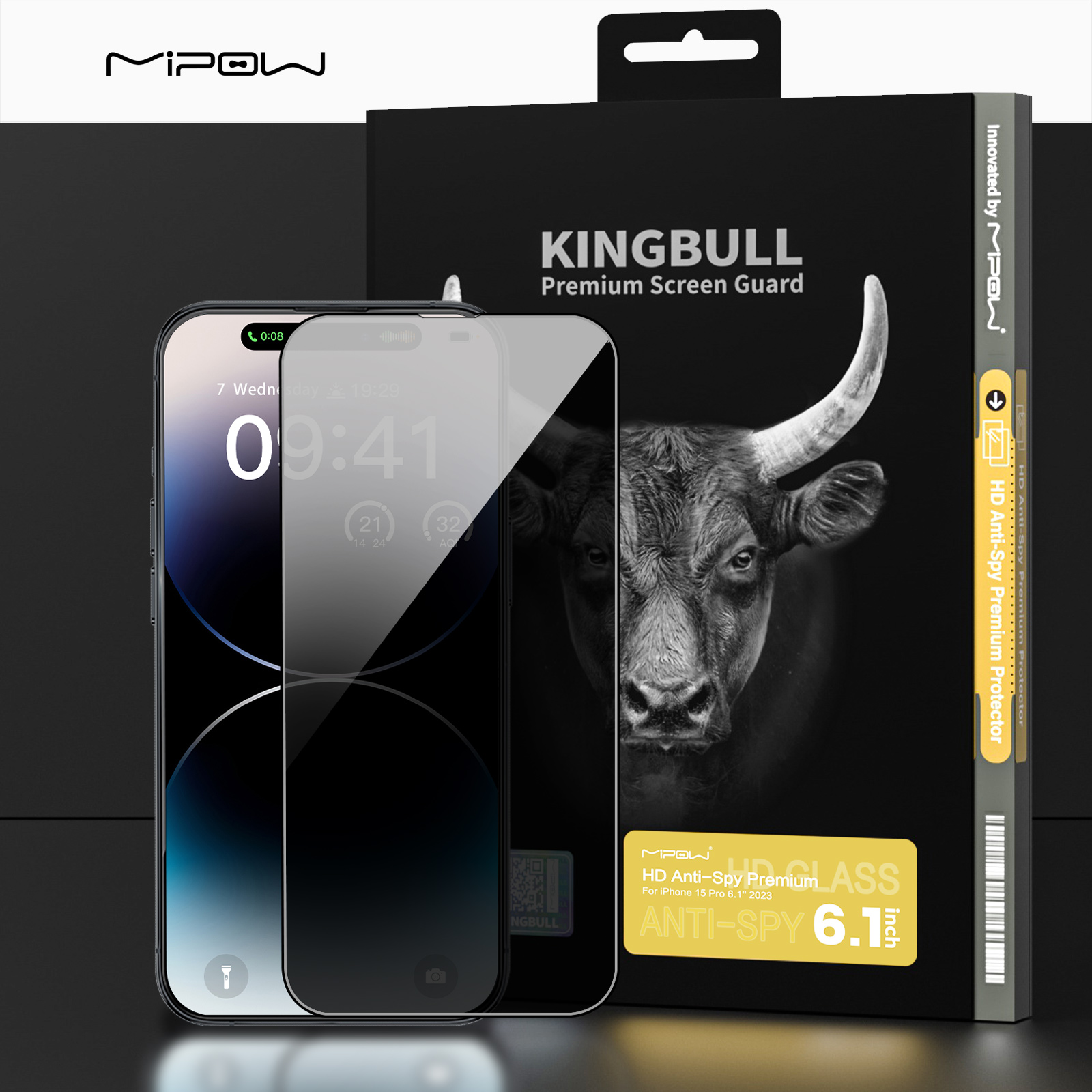 Miếng Dán Kính Cường Lực Màn Hình Chống Nhìn Trộm MIPOW KINGBULL Dành Cho iPhone 15 Pro Max / 15 Pro / 15 Plus / 15 - HÀNG CHÍNH HÃNG