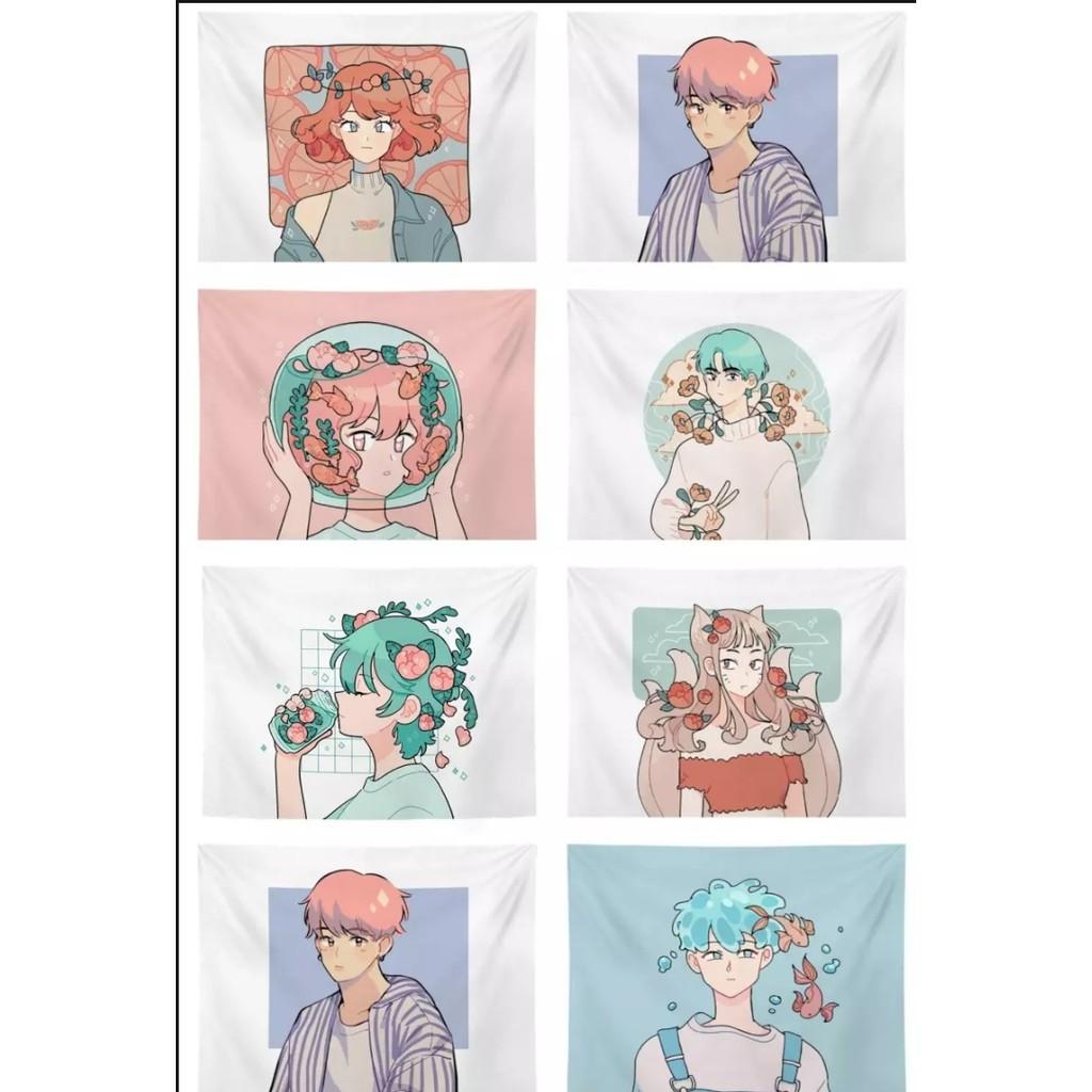 Thảm treo tường phong cách Anime decor phòng ngủ, vải treo tường vintage