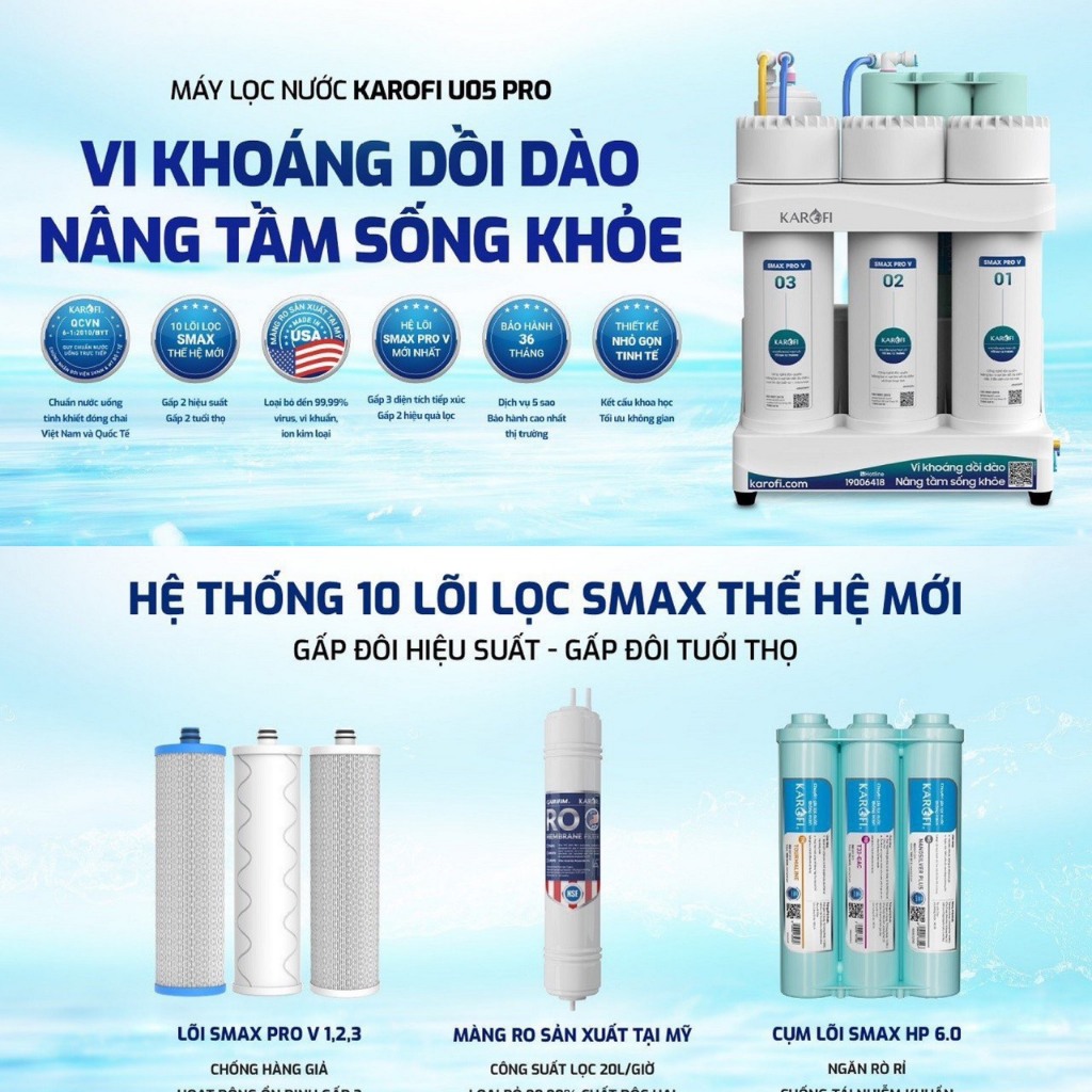 Máy Lọc Nước Để Gầm Karofi KAQ-U05 Pro, Lõi RO 100 GPD Của Mỹ, Công Suất Lọc 20L/h, Hàng Chính Hãng