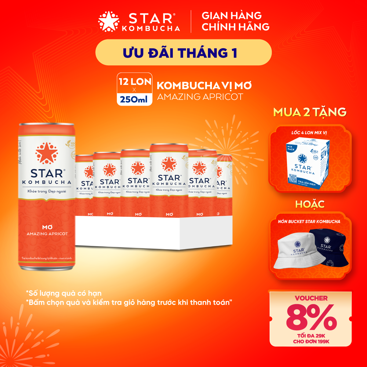 Thùng 12 lon thức uống lên men STAR KOMBUCHA Mơ/ Amazing Apricot Bật