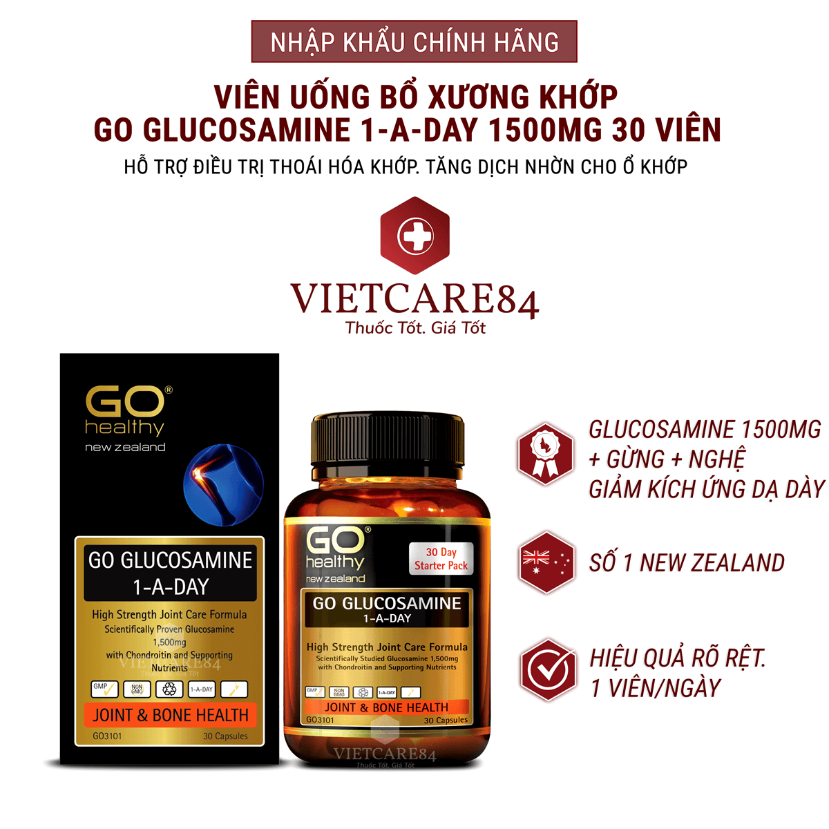 Bộ sản phẩm giúp hạn chế tổn thương xương sụn khớp cho người bị gut: Viên gout New Zealand GO CELERY 16000mg và viên uống bổ xương khớp New Zealand GO GLUCOSAMINE 1-A-DAY 1500mg