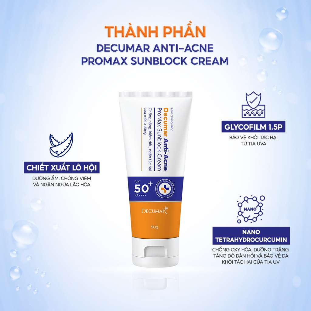 Kem chống nắng ngừa mụn, mờ thâm, ngừa sẹo, tái tạo da Decumar Anti-Acne Promax Sunblock SPF Cream SPF50+ 50g