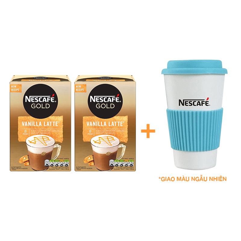 Combo 2 hộp cà phê hòa tan cao cấp Nescafé Gold Vanilla Latte 8x18.5g - Tặng 1 ly tiện dụng Nescafe (giao mẫu quà ngẫu nhiên)