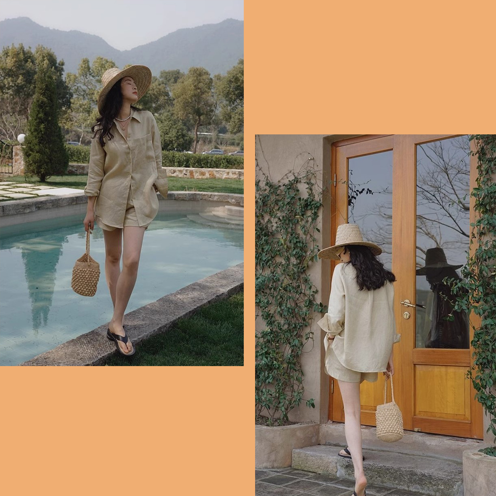 Bộ sơ mi nữ màu be nhẹ nhàng phong cách vintage Hàn Quốc, chất linen mềm mát Đũi Việt DV05