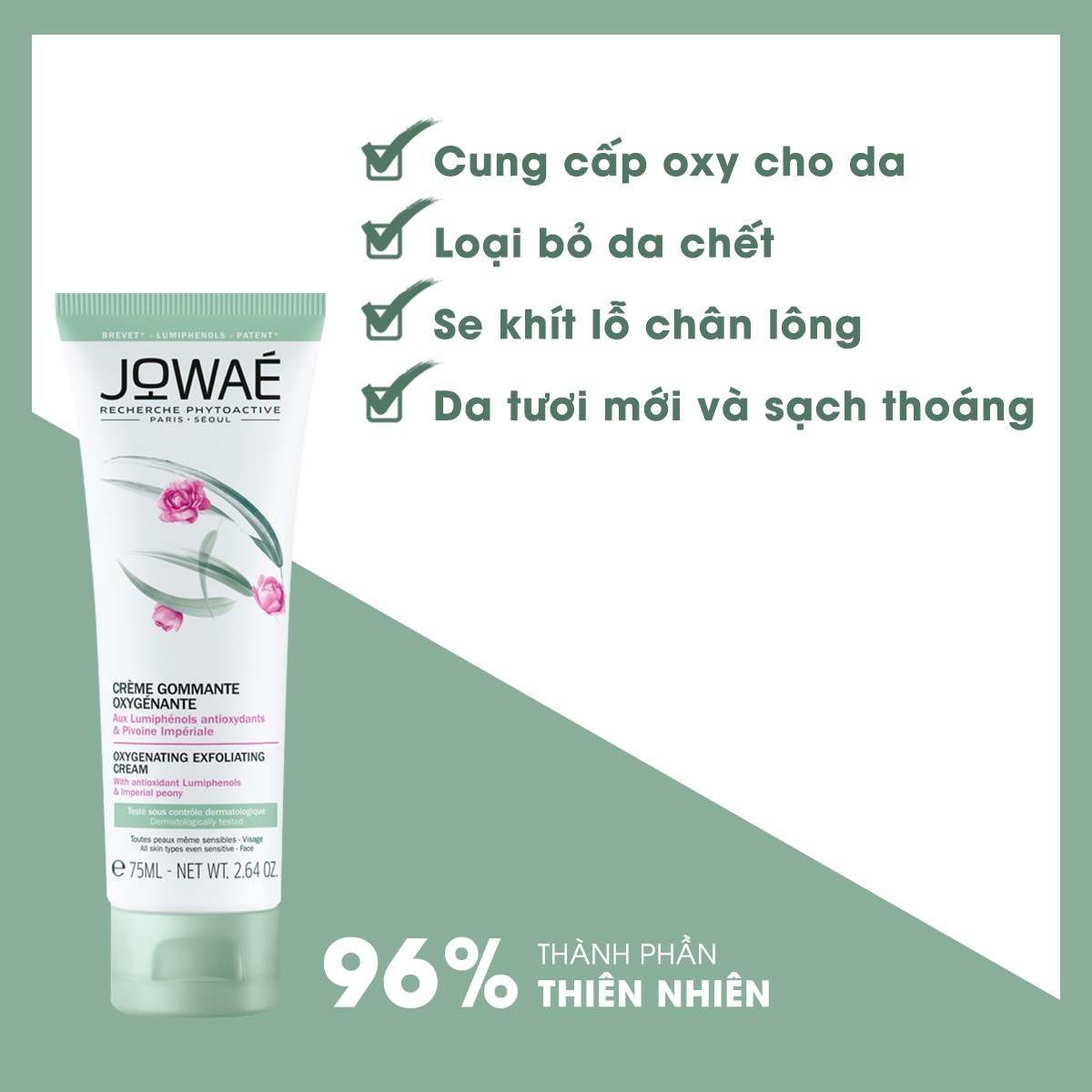 Tẩy da chết cung cấp oxy JOWAE se khít lỗ chân lông Mỹ phẩm thiên nhiên nhập khẩu Pháp - OXYGENATING EXFOLIATING CREAM 75ml