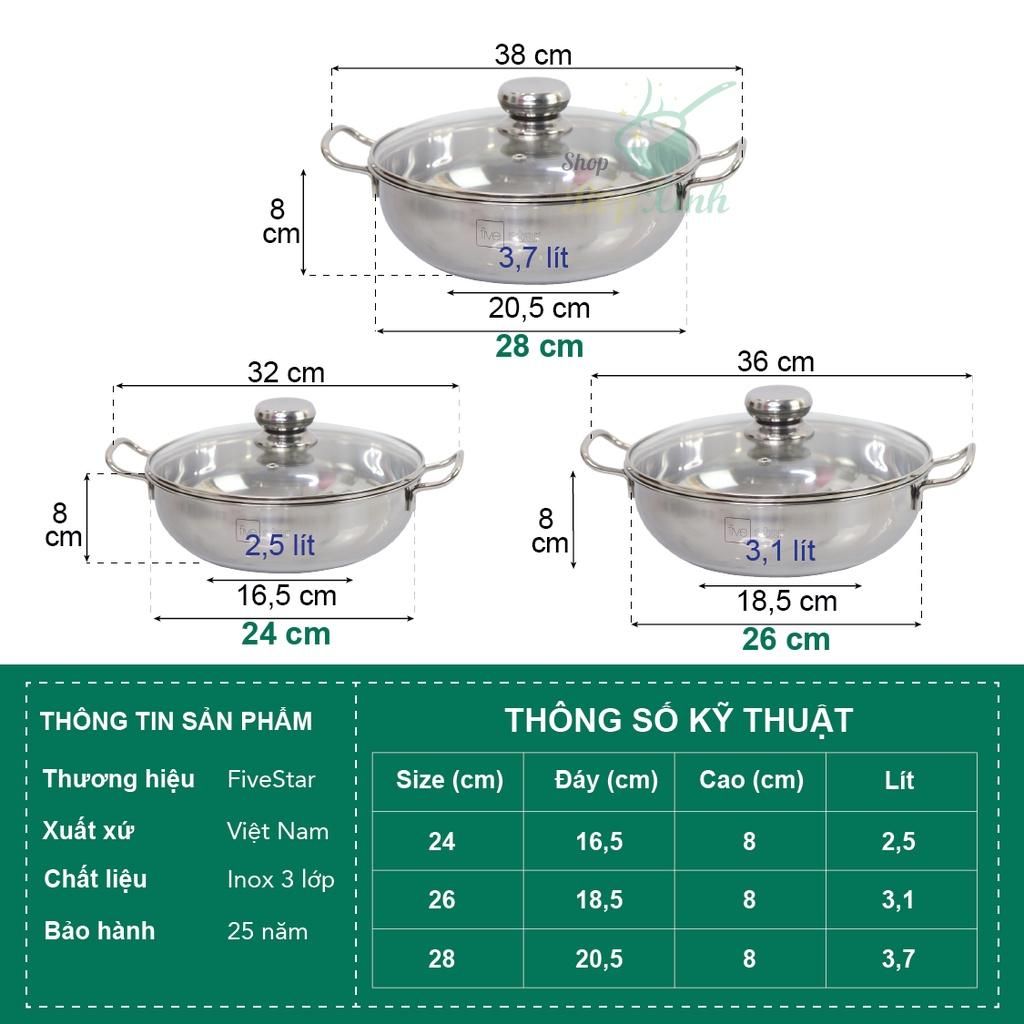 Nồi lẩu um xào inox 430 bếp từ 3 đáy Fivestar nắp kính