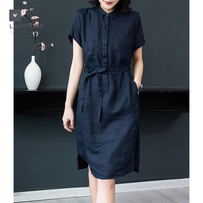 Đầm suông linen cổ đức bổ trụ 2 túi ốp ngực LAHSTORE phong cách Hàn Quốc