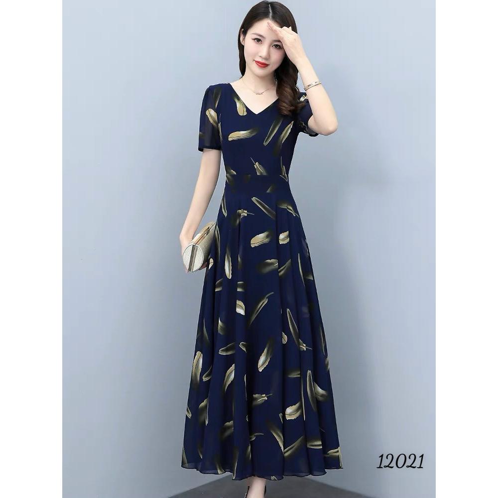 Đầm váy nữ trung niên voan mây dự tiệc dạo phố xanh đậm cao cấp