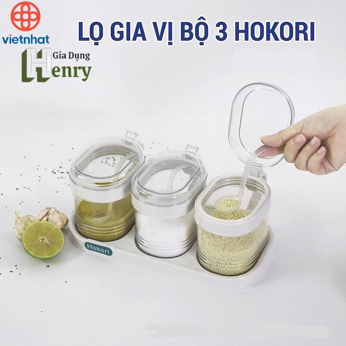Bộ 3 Hũ Đựng Gia Vị HOKORI, Bộ 3 Lọ Đựng Gia Vị Có Nắp Đậy Kèm Thìa Dày Dặn Bền Đẹp - Hàng cao cấp