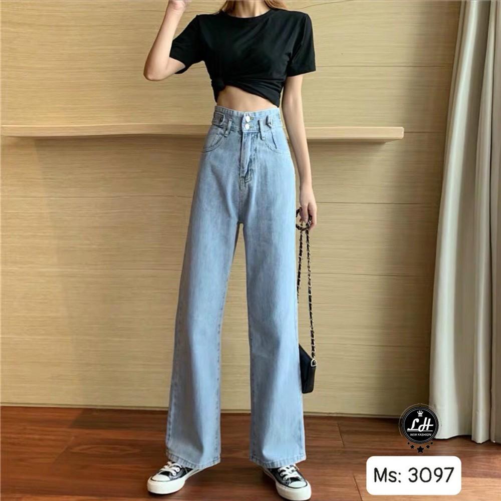 Quần jean ống rộng nữ Lê Huy Fashion cạp cao 2 nút màu xanh nhạt kiểu khuyên lưng MS 3097