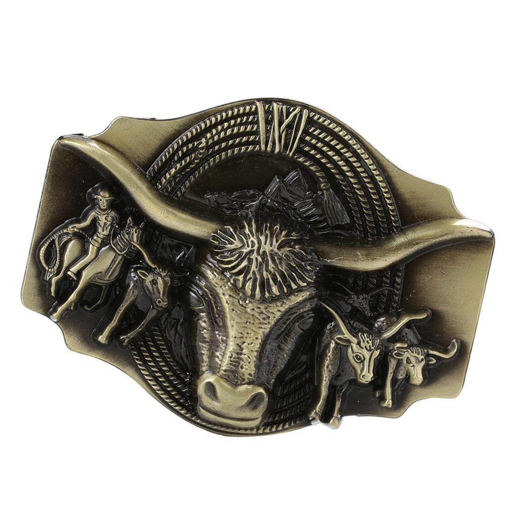 Retro Western Cowboy Belt Buckle Embossed Long Rodeo Bronze Buckle