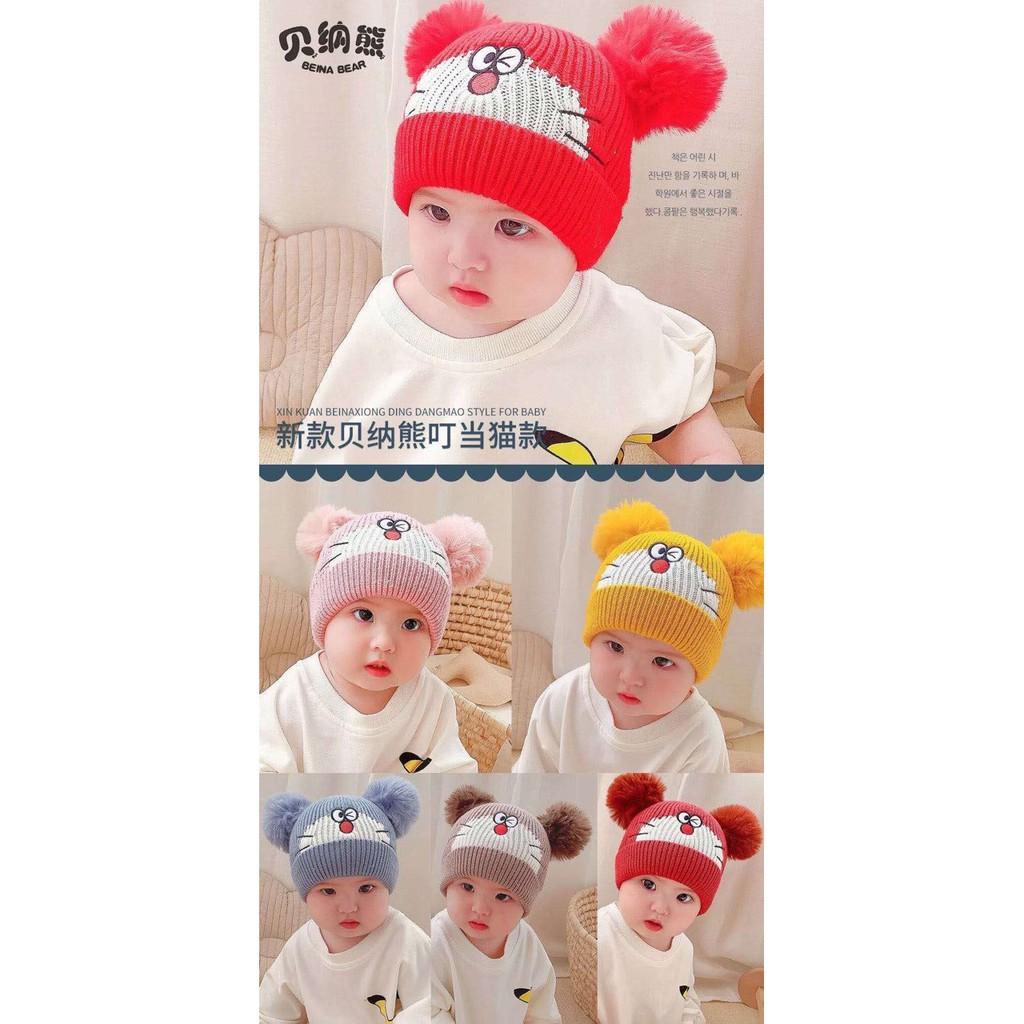 Mũ len hai quả bông hình chú mèo mèo Đô cho bé