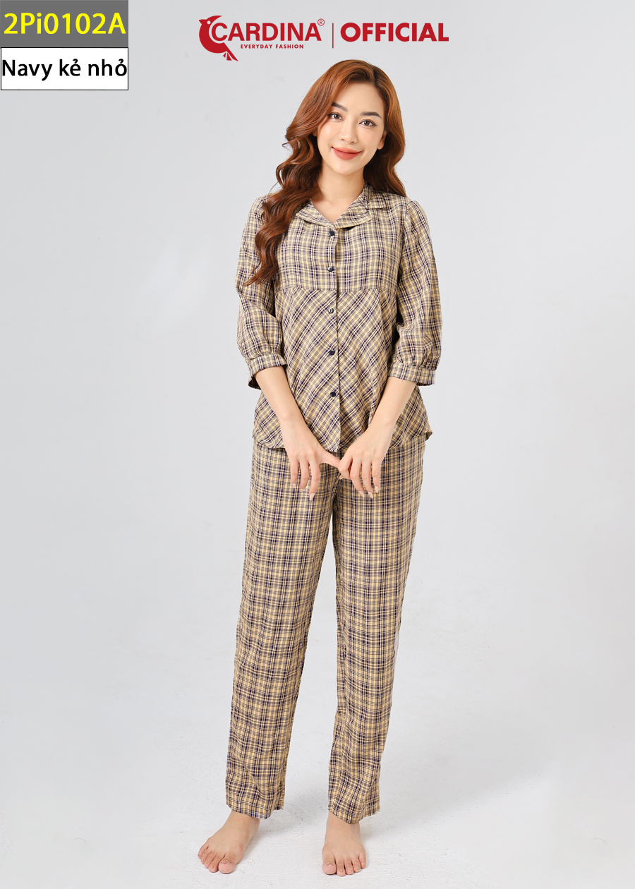 Đồ Bộ Pijama Nữ CARDINA Chất Thô Kẻ Nhật Cao Cấp Áo Tay Lỡ Quần Dài Đơn Giản Nhẹ Nhàng 2Pi01
