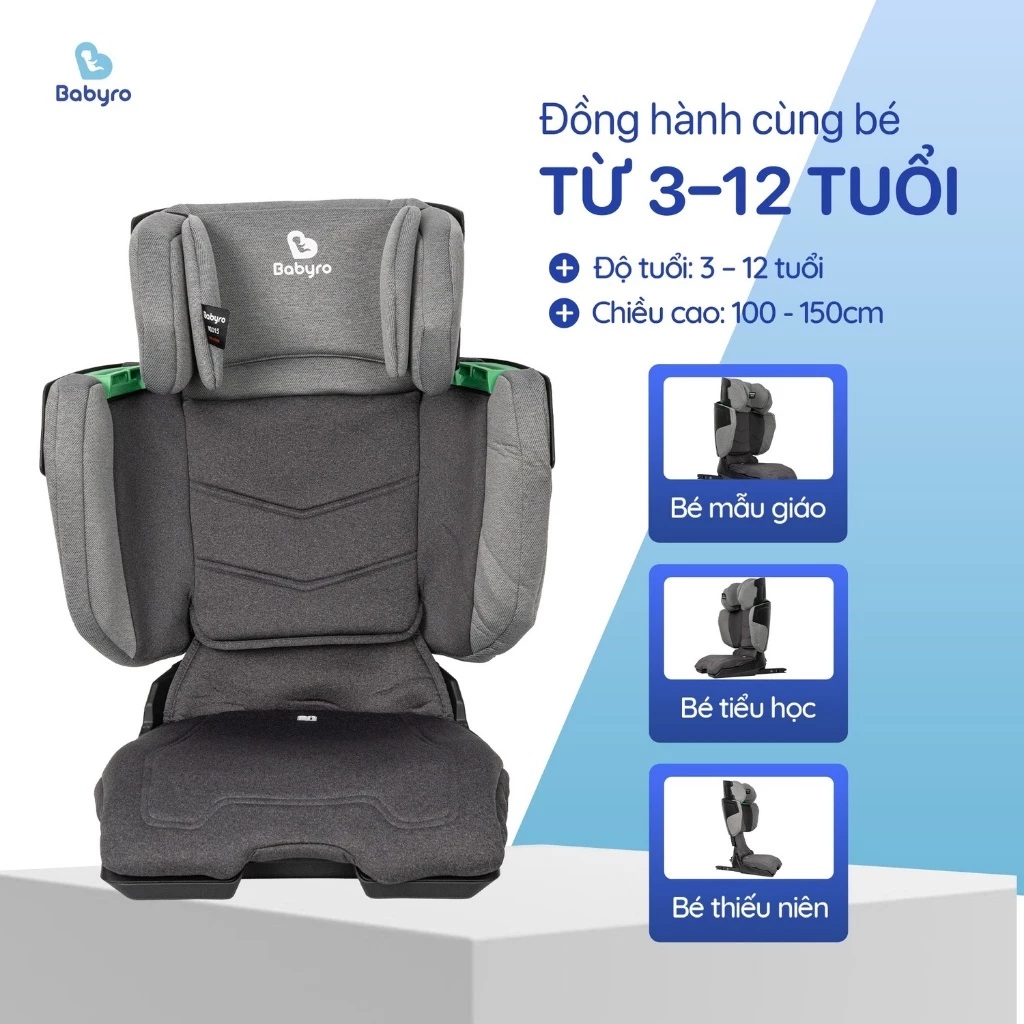 Ghế ngồi ô tô gấp gọn cho bé Babyro i-Trek, cho bé 3-12 tuổi, lắp đặt isofix, tiêu chuẩn R129 bảo vệ cổ vai gáy - Hàng chính hãng