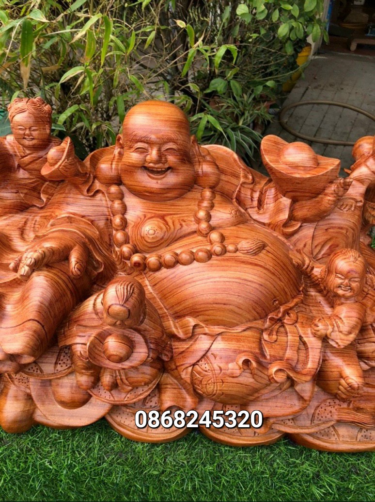 TƯỢNG PHẬT DI LẶC NGŨ PHÚC GỖ HƯƠNG ĐÁ KT 60×30×30CM