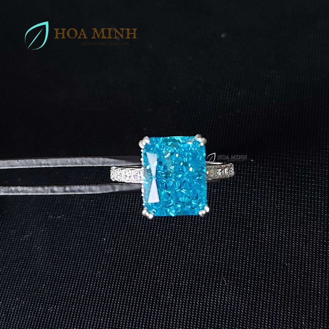 Nhẫn bạc cao cấp đính đá Nam Phi xanh aqua size chữ nhật lớn 9x11 li trang sức cao cấp, sang trọng