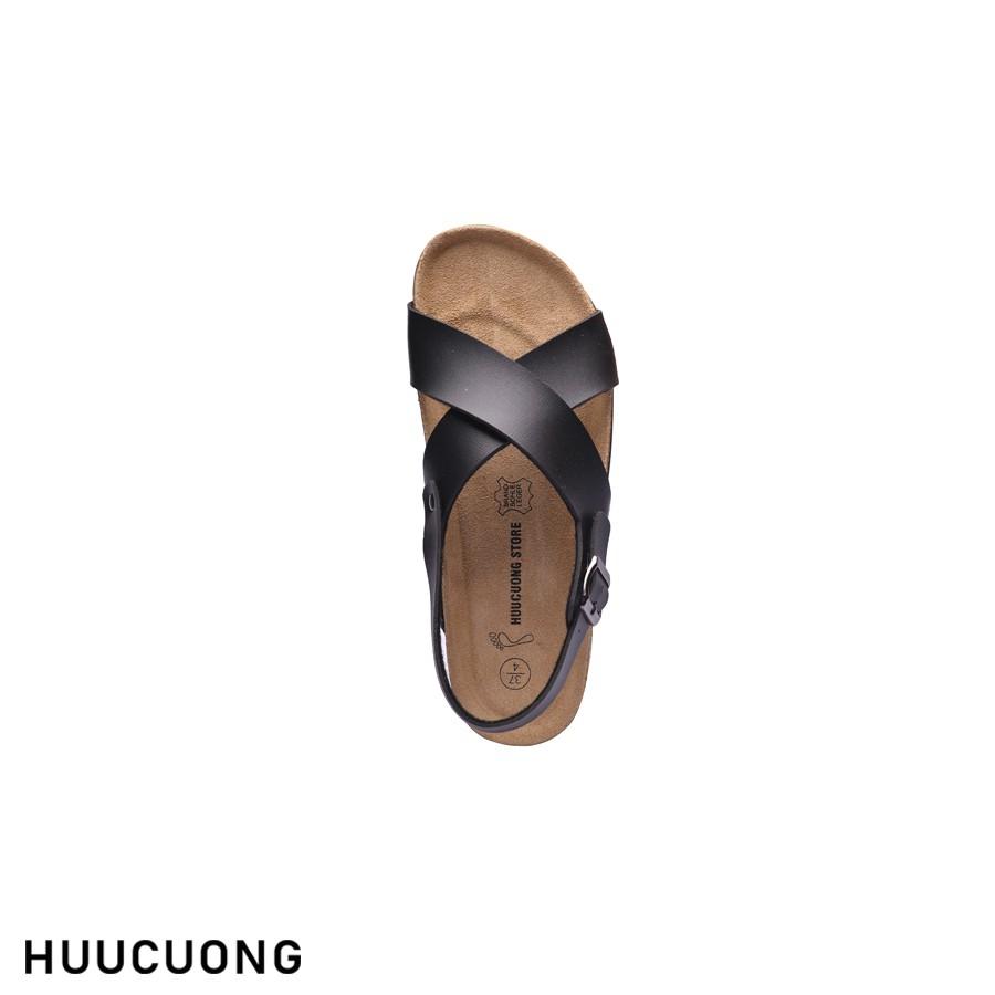 Giày Sandal Unisex Huucuong quai chéo đen đế trấu handmade