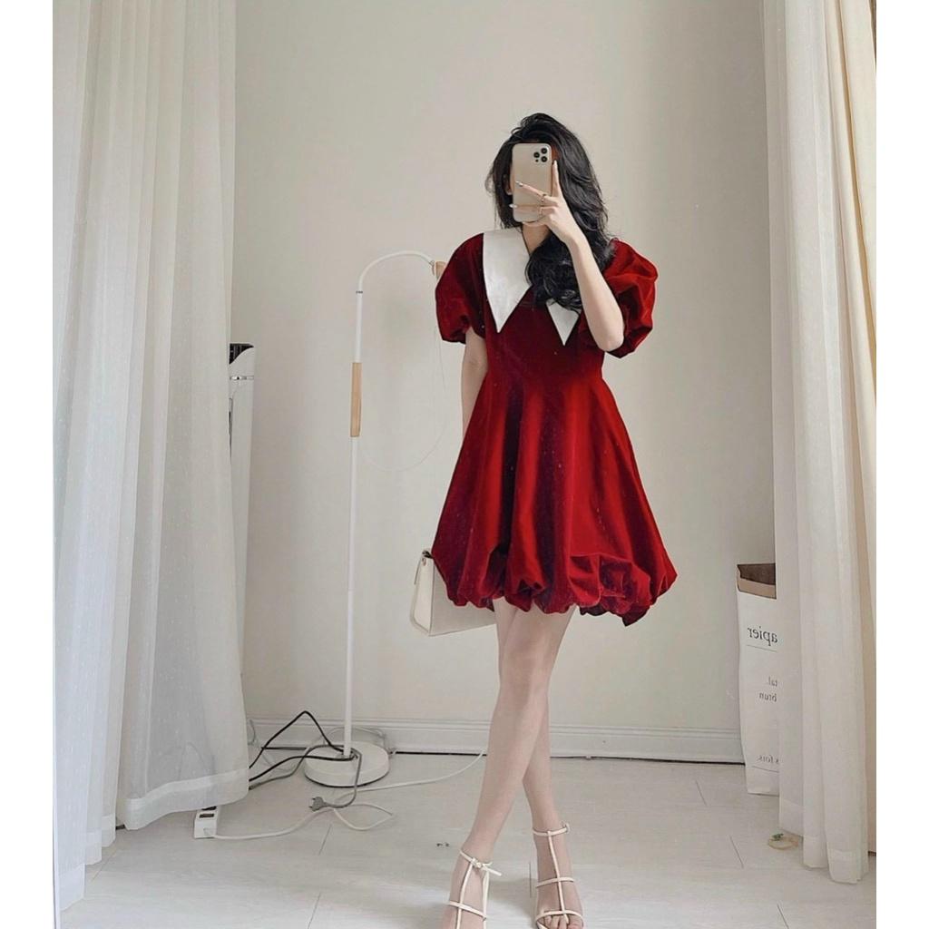 Đầm nhung đỏ phối cổ sen trắng xòe phồng dự tiệc chơi noel du xuân đón tết mẫu thỏ tây