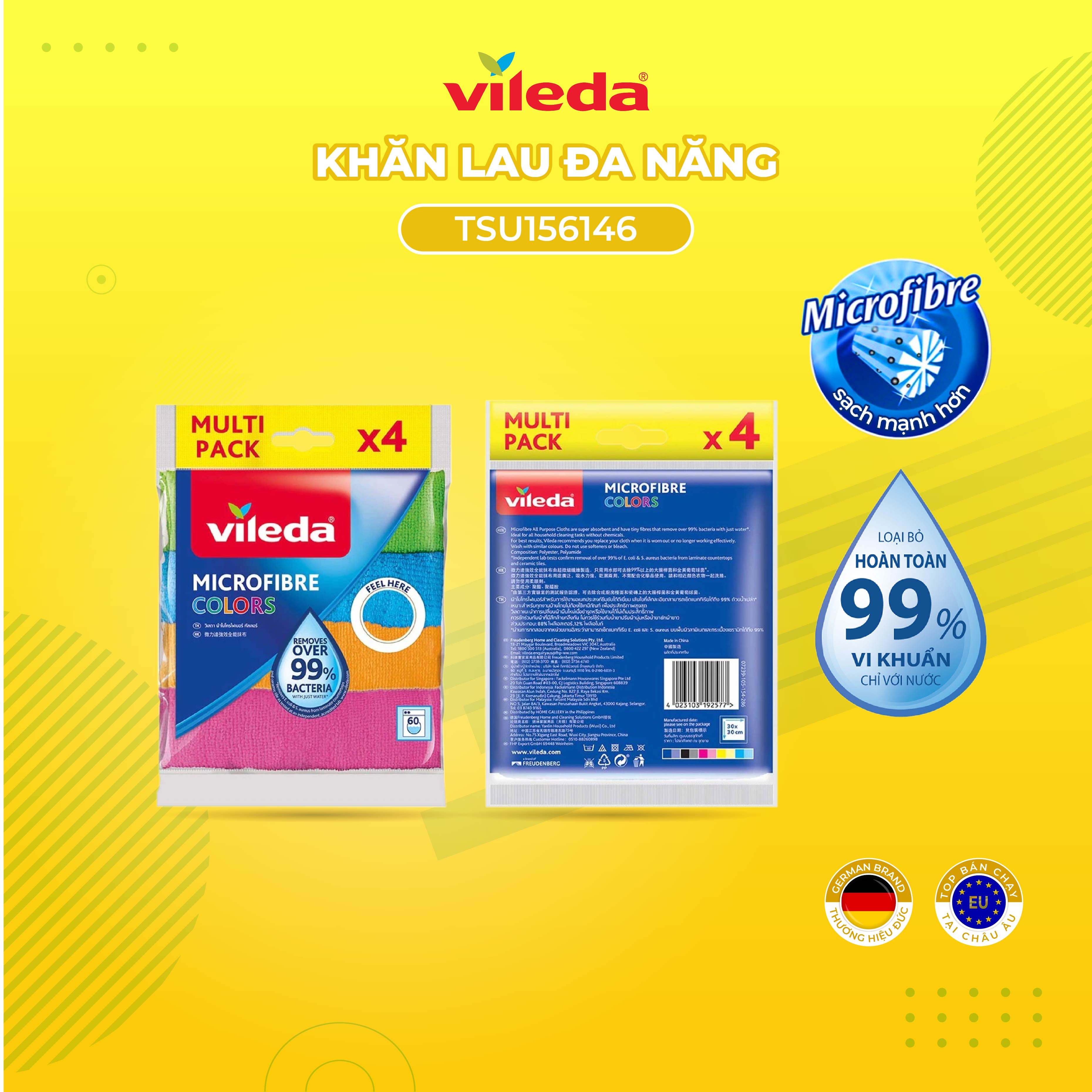 Khăn lau đa năng VILEDA sợi microfibre thấm hút mạnh, gói 4 chiếc -TSU156146