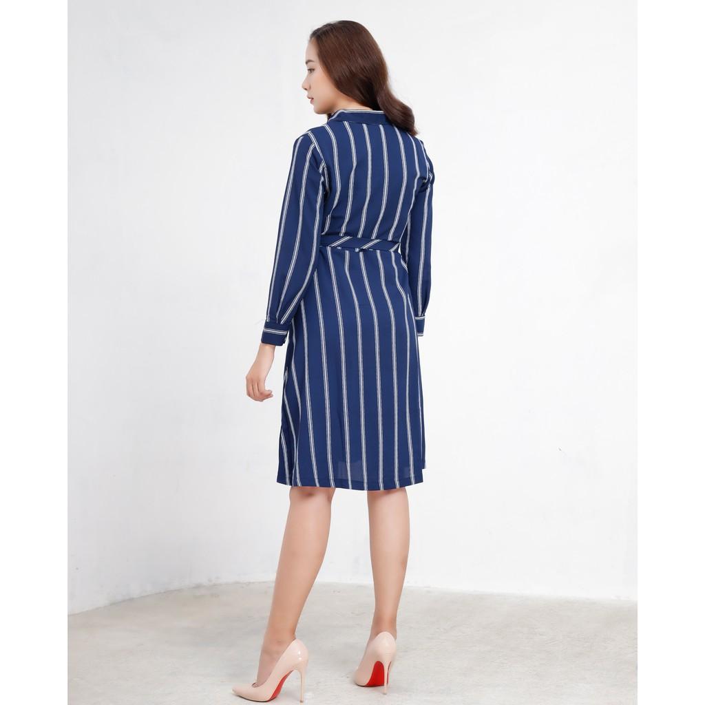 Đầm midi suông cổ sơ mi tay dài Callia
