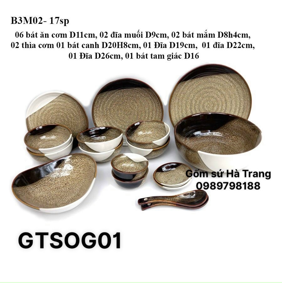 Bộ bát đĩa gốm sứ Bát Tràng cao cấp men hoả biến gấm tam sắc GTSOG001