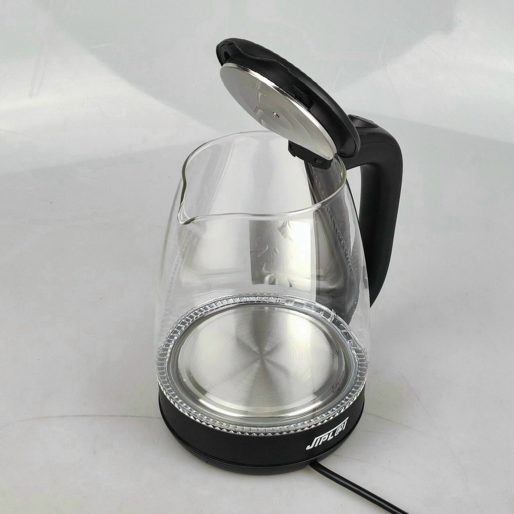 Ấm đun siêu tốc thủy tinh Jiplai 1.8L- 1500W, thủy tinh chịu nhiệt, tự ngắt khi nước sôi và cạn nước, tích hợp Đèn LED khi nấu