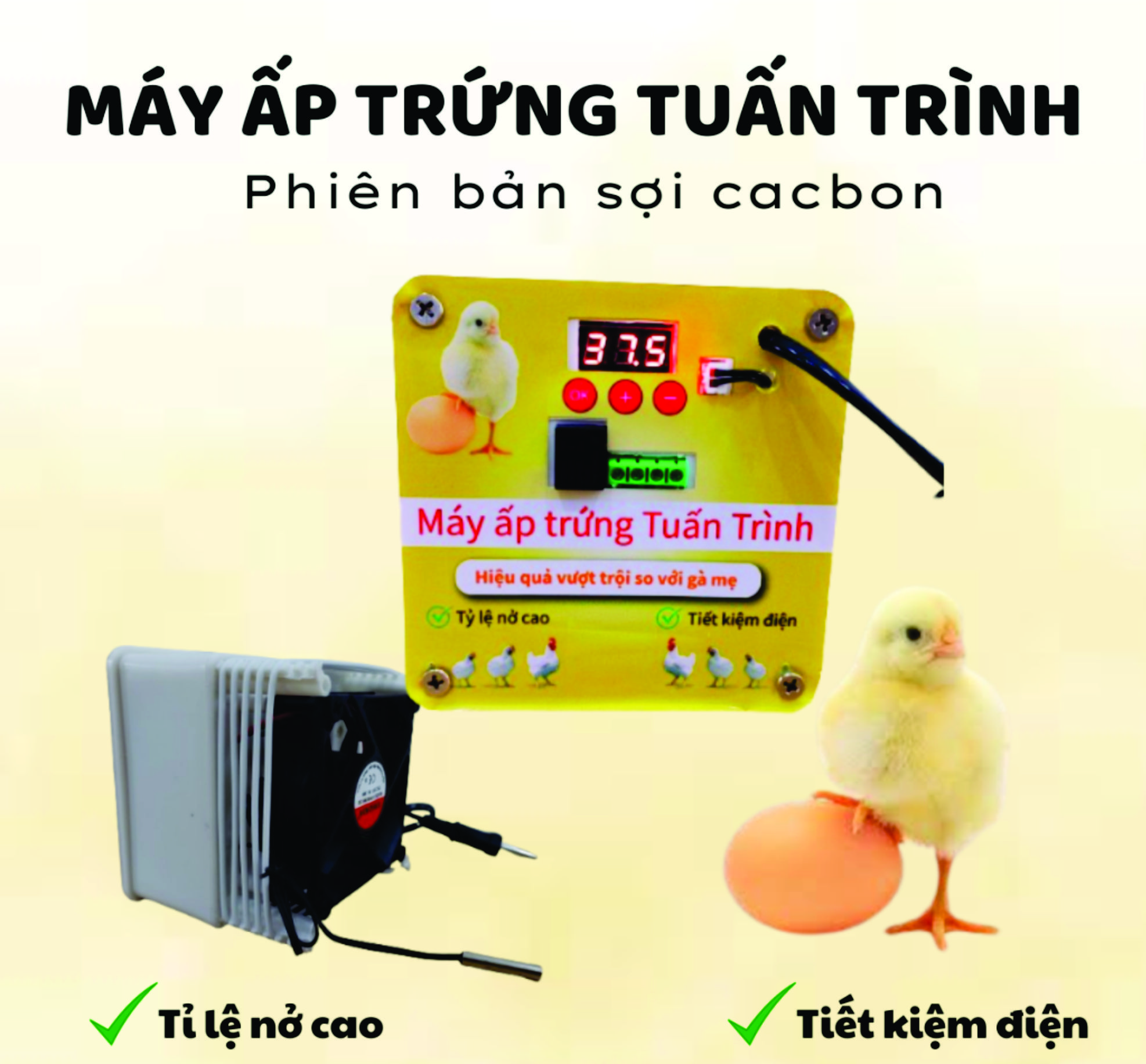 Bộ máy ấp trứng cacbon tích hợp đèn led chiếu sáng bên trong cho gà vịt ngan ngỗng hàng nhập khẩu