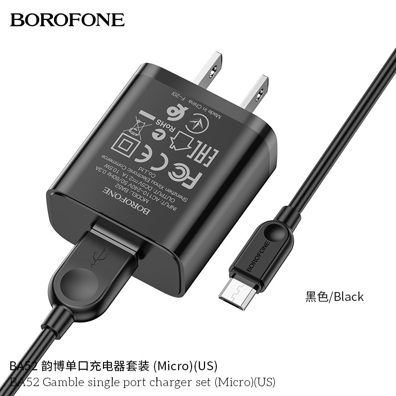 Bộ Cóc Cáp Sạc Borofone BA52 Cổng Micro - 1 Cổng USB 2.1A chuẩn US- Hàng  Nhập Khẩu ( Giao màu ngẫu nhiên)