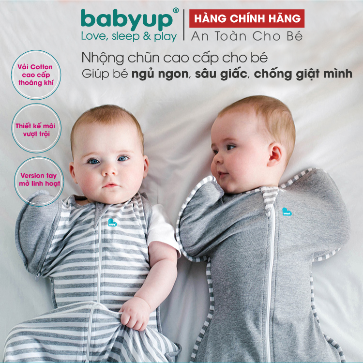 Nhộng chũn cho bé cao cấp Babyup. Nhộng ngủ cho trẻ sơ sinh Giúp bé ngủ ngon, sâu giấc, chống giật mình – Nhộng ngủ Vải cotton co giãn 4 chiều, mềm mại thoáng mát – Có khóa kéo 2 chiều – Size L có khóa mở tay – b- Sọc xám trắng