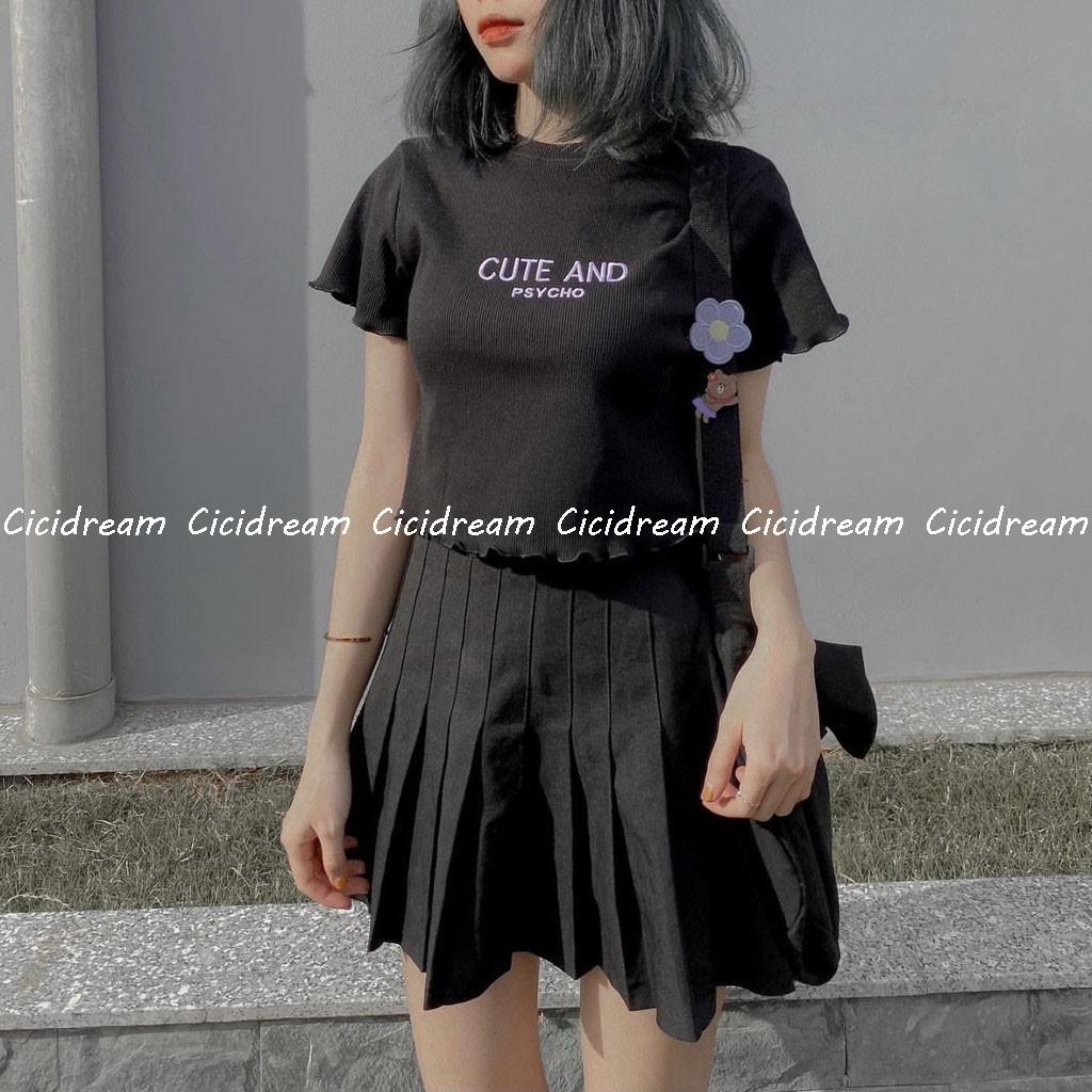 Áo croptop thun gân viền bèo Cute and psycho