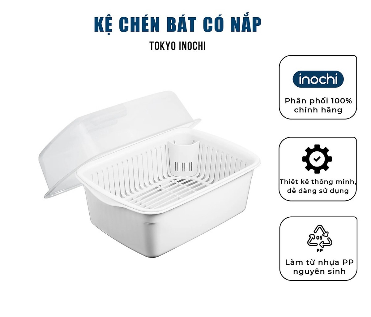 Kệ Để Chén Bát Tokyo Có Khay Hứng Nước Và Nắp Đậy Trong Suốt Chuẩn Nhật- Hàng Chính Hãng Inochi