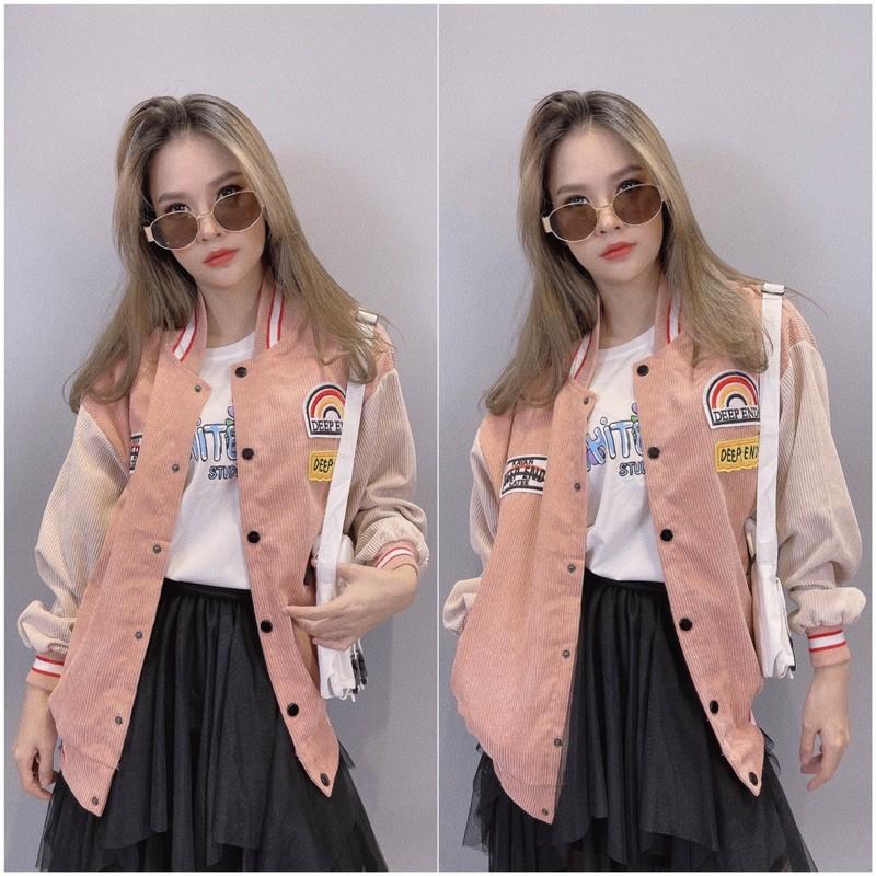 Áo Khoác Kaki Nhung Gân Hàng Quảng Châu Logo Thêu Nổi Bomber Jackets Kaki Form Rộng Unisex CẦU VÒNG