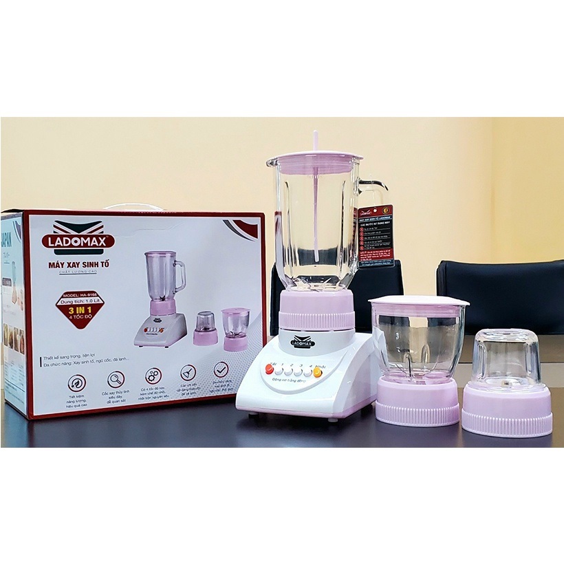 Máy xay sinh tố gia đình 3 cối thủy tinh Ladomax Ha9166 cống suất 420W, moto đồng-Hàng chính hãng