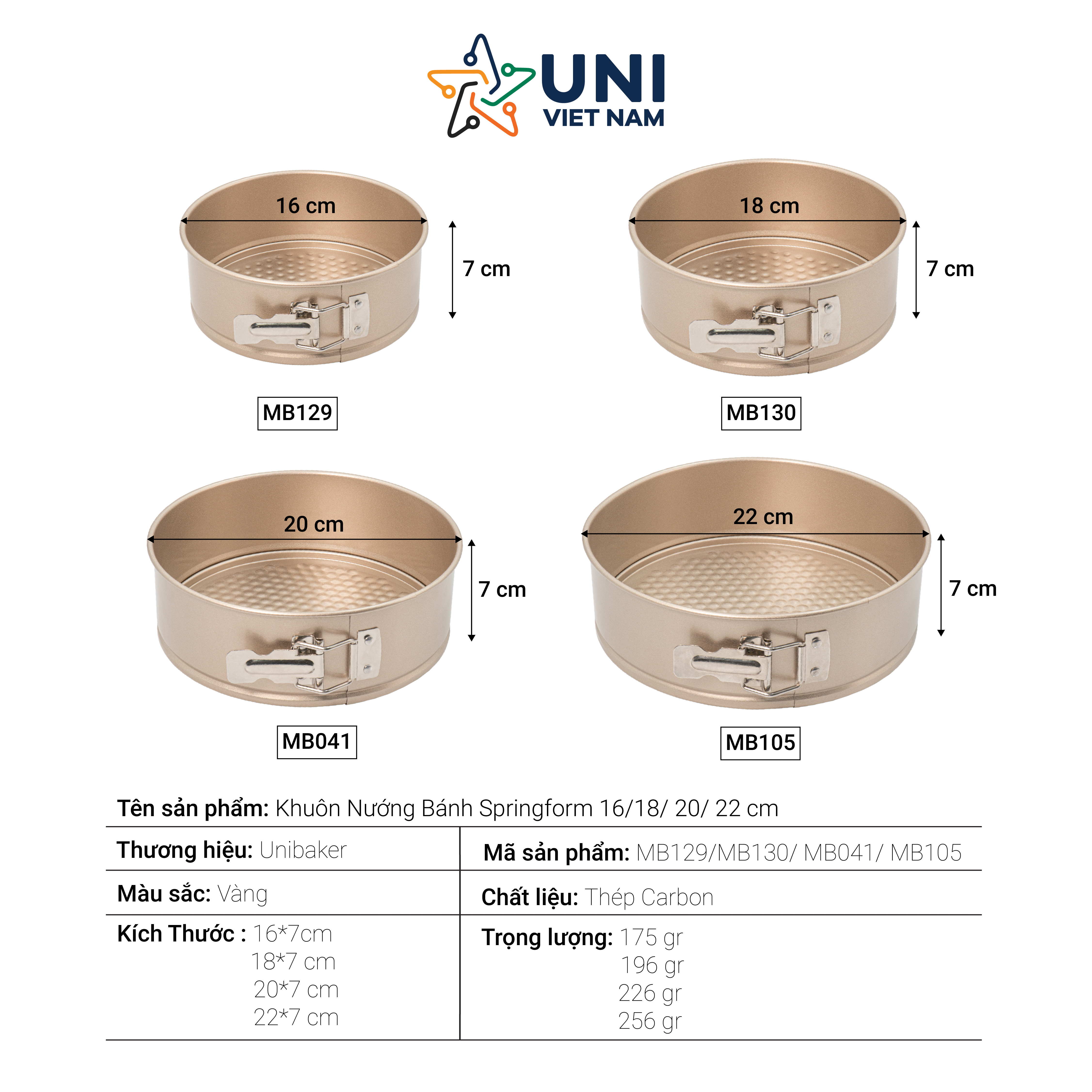 Khuôn nướng bánh Spring Form 16-22cm Unibaker MB129, MB130, MB041, MB105