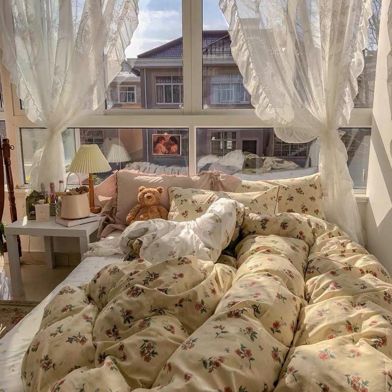 Bộ Chăn Ga Gối Cotton Living 100% Cotton Hàng nhập Khẩu Cao Cấp 4 Món Hoa Nhí Vintage