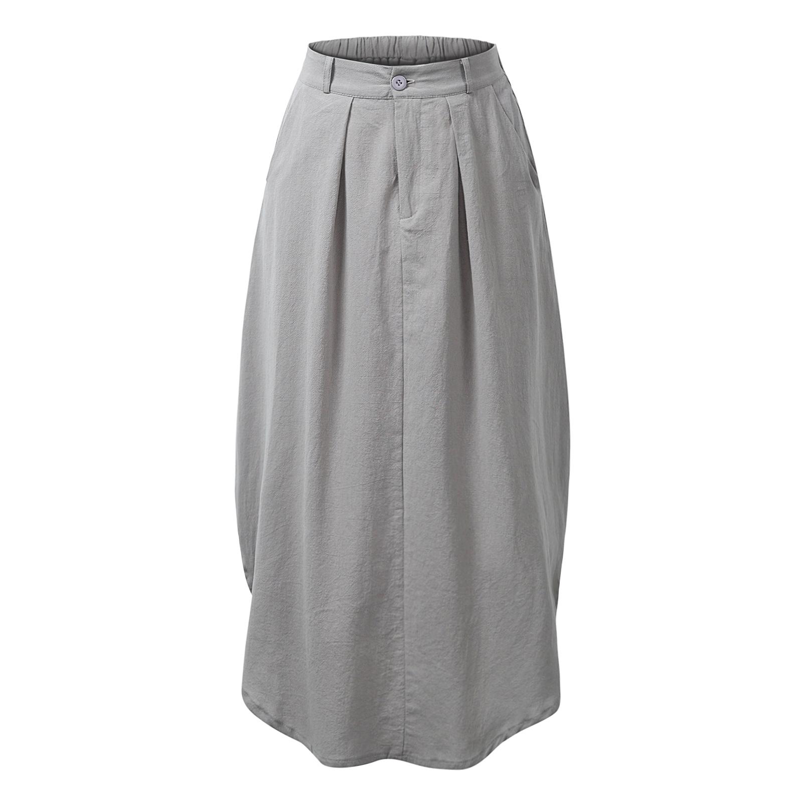 Women Long Skirt Elastic Waist Split Hem Pockets Soft Loose Solid Bottom Ankle-length A-Line Skirt