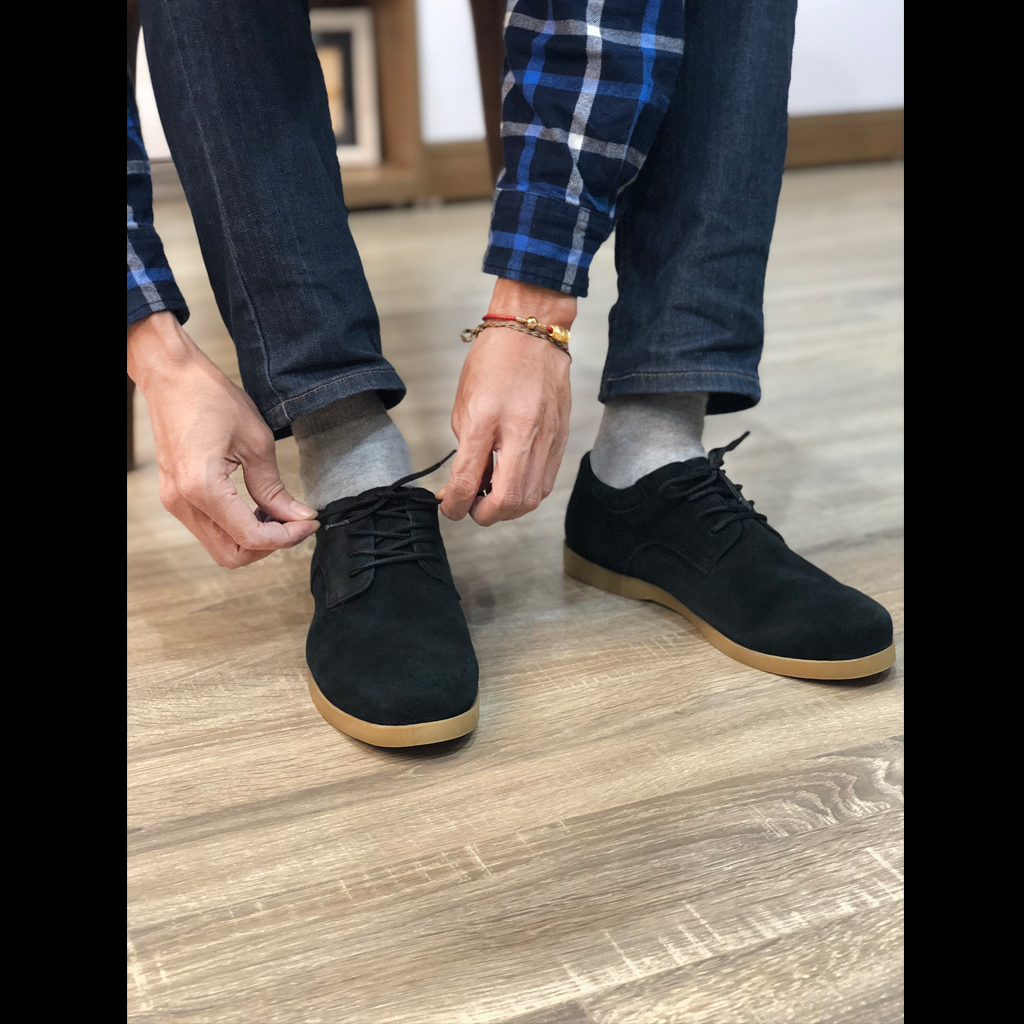 Giày nam thấp cổ buộc dây da bò lộn cao cấp màu đen đậm SueceBlack 1929C Sr7 - Giày boots nam cổ thấp buộc dây