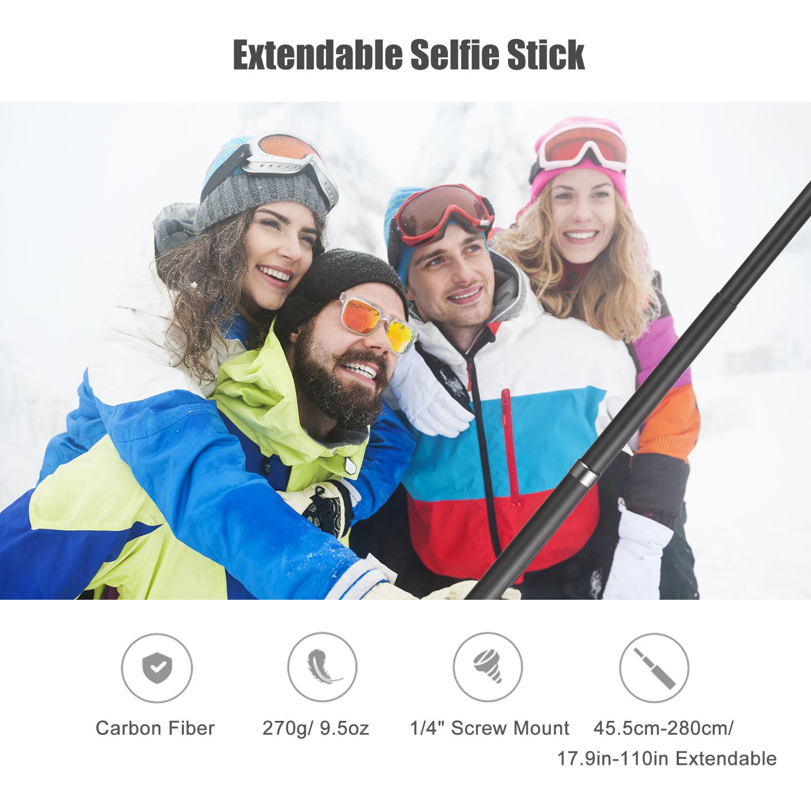 Portable Selfie Stick Carbon Fiber Stand Camera Bracket 1/4 Inch Screw Mount 45.5cm-300cm/ 17.9in-118in Adjustable Length Compatible with Insta360 X2/ X3