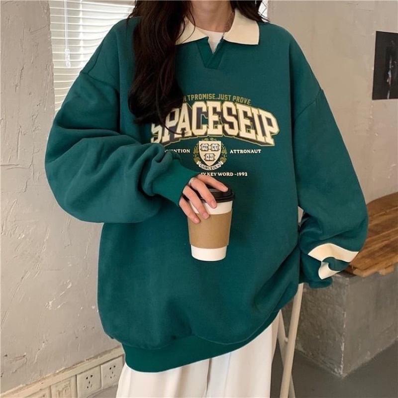 Áo Sweater Polo Nỉ Bông Unisex SPACESHIP màu XANH form rộng ️ Chất nỉ form nam nữ unisex/Áo tay dài có cổ Jaystoree