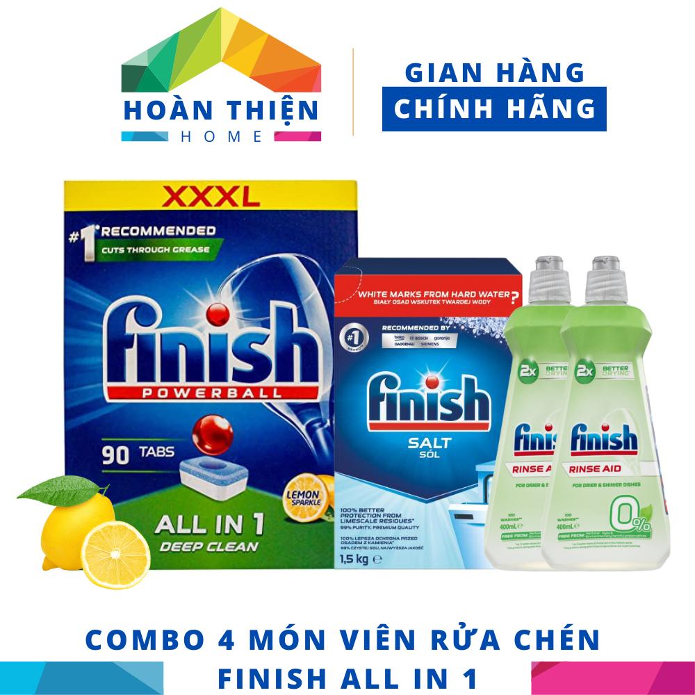 Combo 4 món Hộp 90 viên Finish GIGA All in 1 + Muối Finish 1,5kg + 2 Nước làm bóng Finish 400ml dành cho máy rửa chén EU