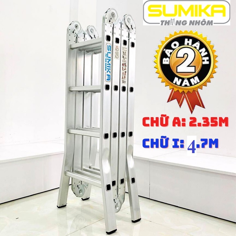 Thang Chữ A, Thang nhôm gấp 4 đoạn SUMIKA SK604 (chữ A - 2.35m, chữ I - 4.7m), 14 tư thế sử dụng, tải trọng 150kg, làm từ hợp kim nhôm cao cấp, khóa chốt tự động - Luon Có Phụ Kiện Thay Thế