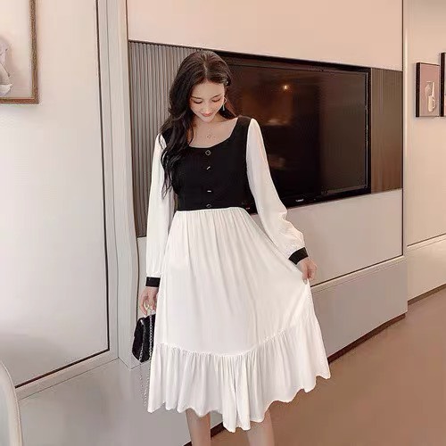 Đầm tay dài thiết kế pha màu kiểu dáng hàn quốc